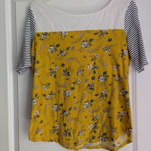 LOFT Yellow Floral and Striped Short Sleeve Top